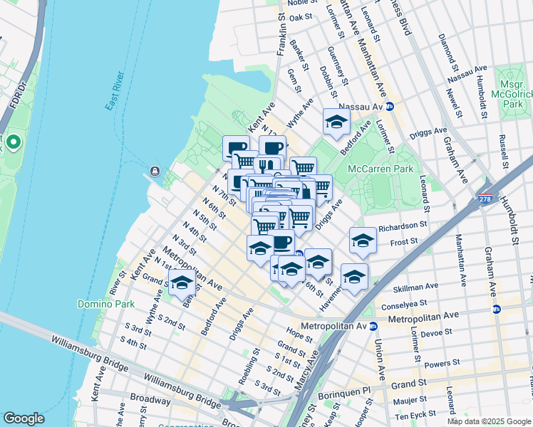map of restaurants, bars, coffee shops, grocery stores, and more near 141 North 8th Street in Brooklyn