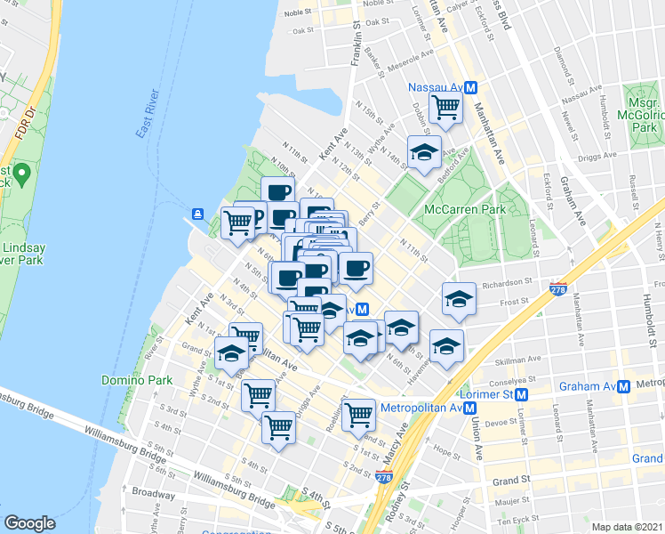 map of restaurants, bars, coffee shops, grocery stores, and more near in Brooklyn