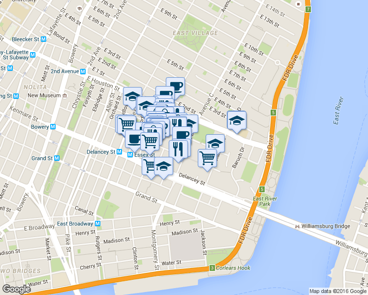 map of restaurants, bars, coffee shops, grocery stores, and more near in New York