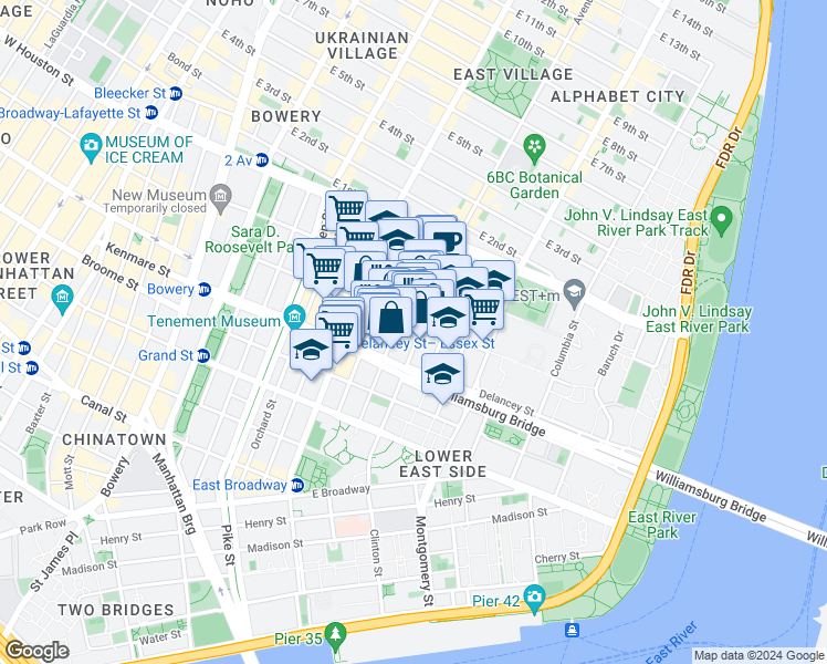 map of restaurants, bars, coffee shops, grocery stores, and more near 107 Suffolk Street in New York