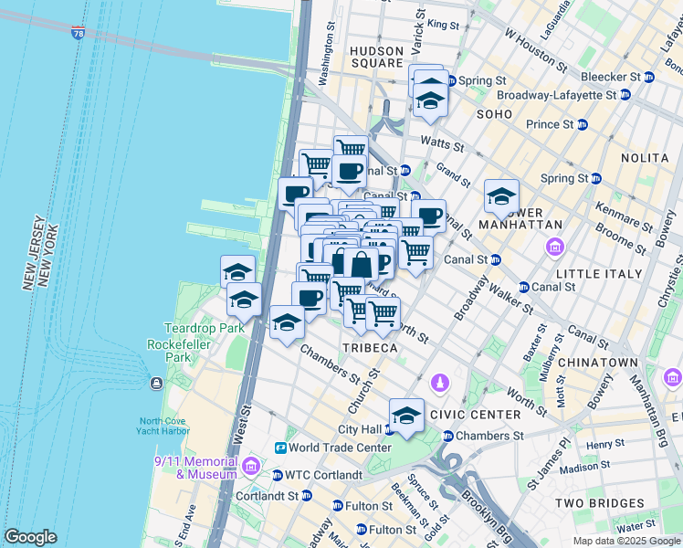 map of restaurants, bars, coffee shops, grocery stores, and more near 162 Franklin Street in New York