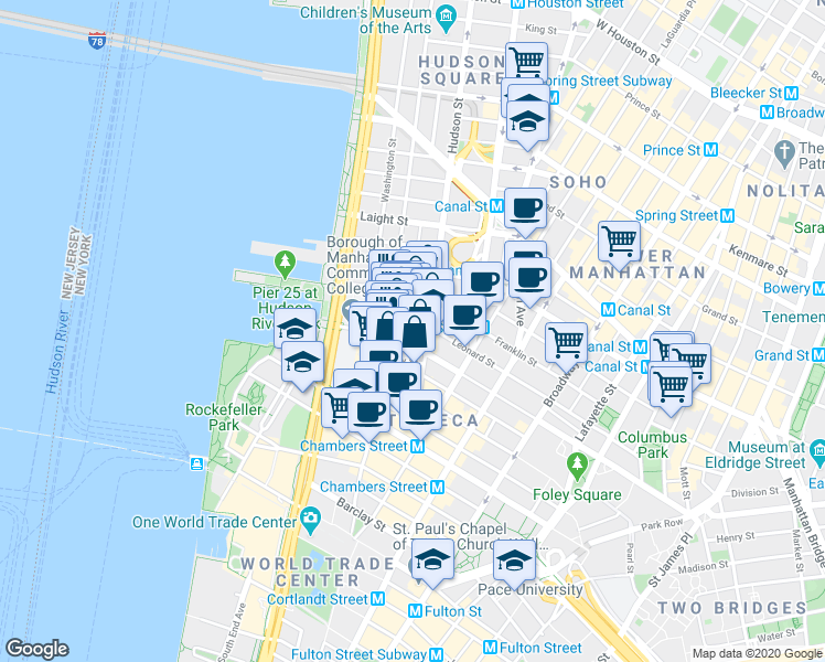 map of restaurants, bars, coffee shops, grocery stores, and more near 361 Greenwich Street in New York