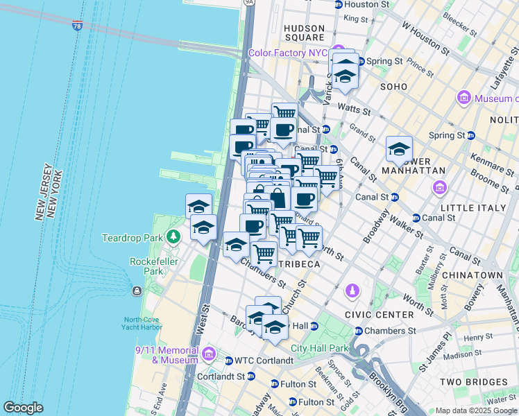 map of restaurants, bars, coffee shops, grocery stores, and more near 361 Greenwich Street in New York