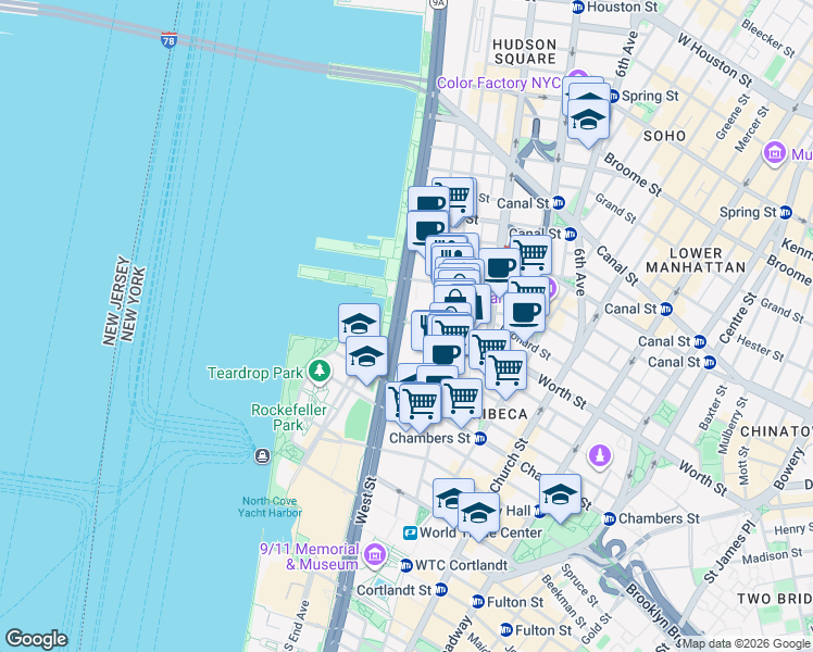 map of restaurants, bars, coffee shops, grocery stores, and more near 208 West Street in New York