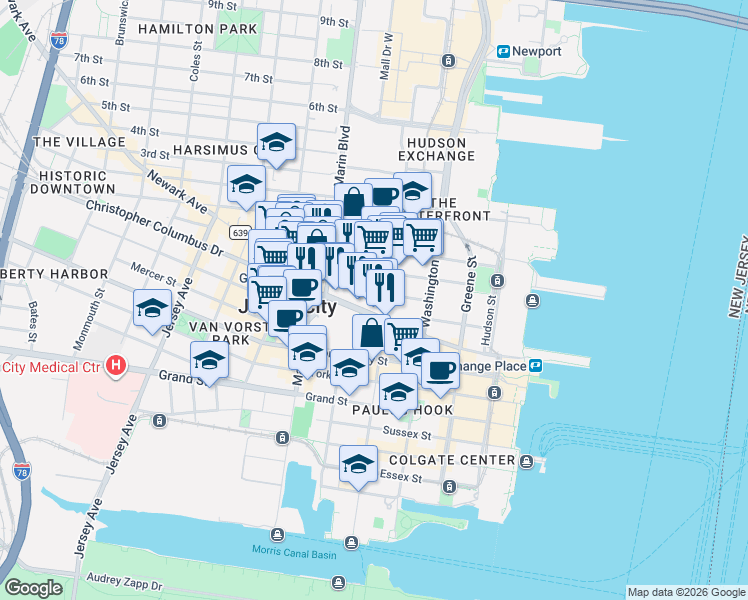 map of restaurants, bars, coffee shops, grocery stores, and more near 68 Christopher Columbus Drive in Jersey City