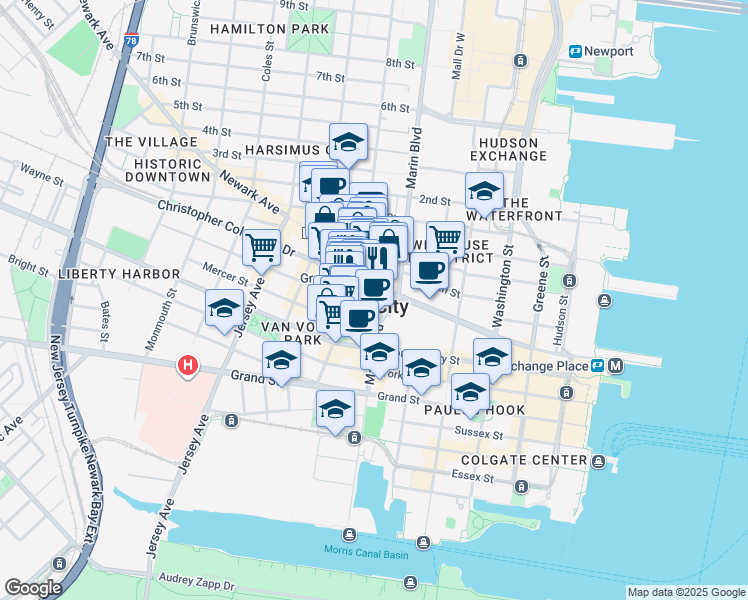 map of restaurants, bars, coffee shops, grocery stores, and more near in Jersey City