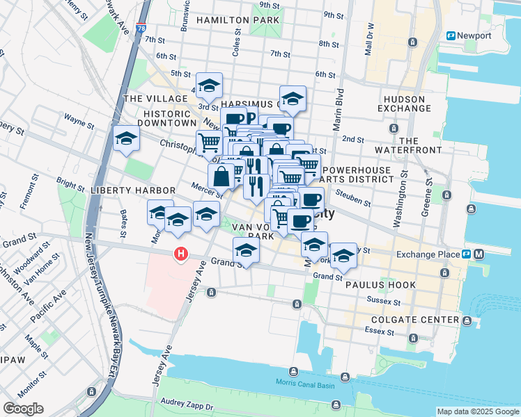 map of restaurants, bars, coffee shops, grocery stores, and more near in Jersey City