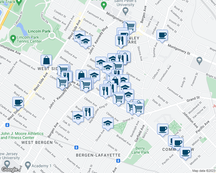 map of restaurants, bars, coffee shops, grocery stores, and more near 60 Brinkerhoff Street in Jersey City