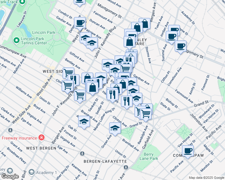 map of restaurants, bars, coffee shops, grocery stores, and more near 60 Brinkerhoff Street in Jersey City