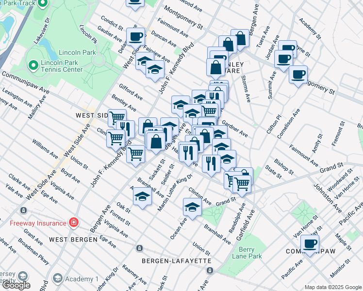 map of restaurants, bars, coffee shops, grocery stores, and more near 60 Brinkerhoff Street in Jersey City