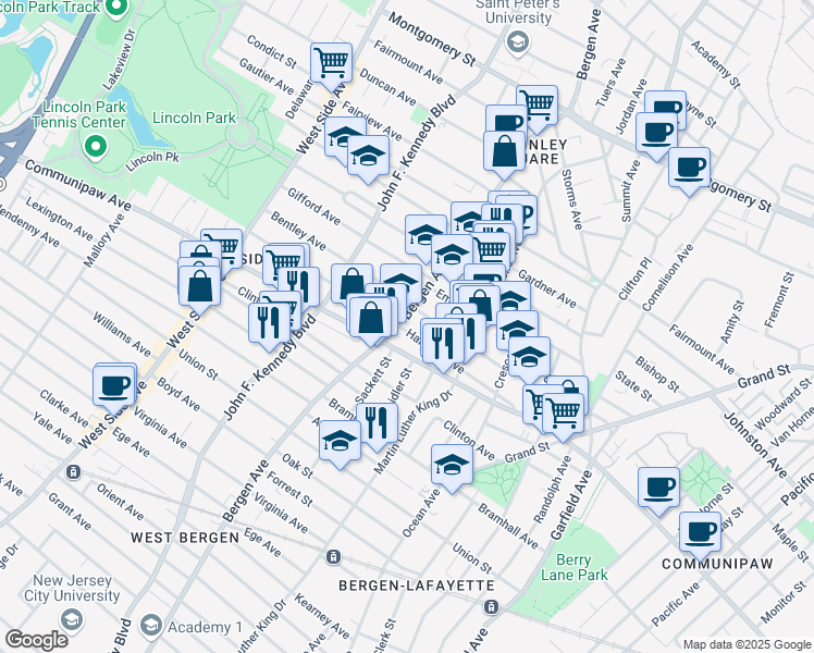 map of restaurants, bars, coffee shops, grocery stores, and more near 532 Bergen Avenue in Jersey City