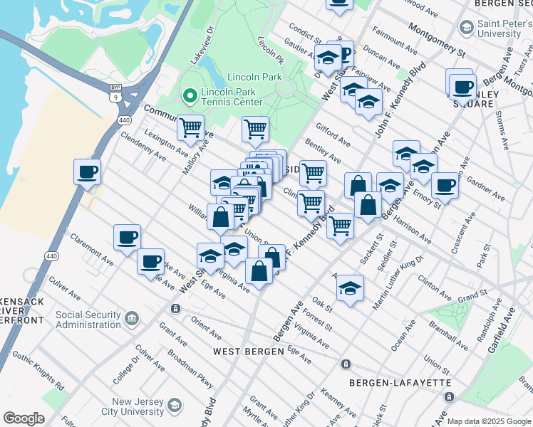map of restaurants, bars, coffee shops, grocery stores, and more near 115 Lexington Avenue in Jersey City
