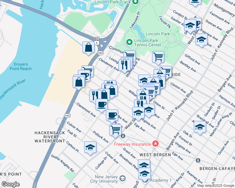 map of restaurants, bars, coffee shops, grocery stores, and more near 209 Boyd Avenue in Jersey City