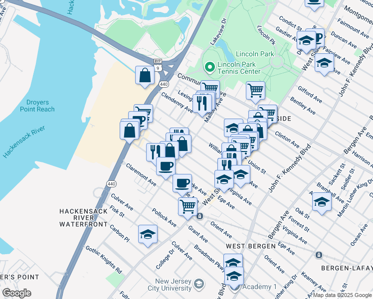 map of restaurants, bars, coffee shops, grocery stores, and more near 209 Boyd Avenue in Jersey City
