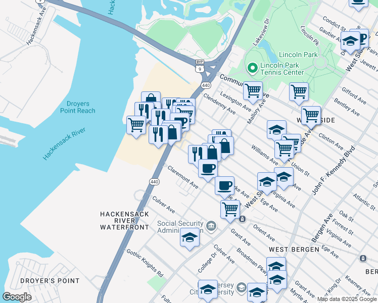 map of restaurants, bars, coffee shops, grocery stores, and more near 16 Bennett Street in Jersey City