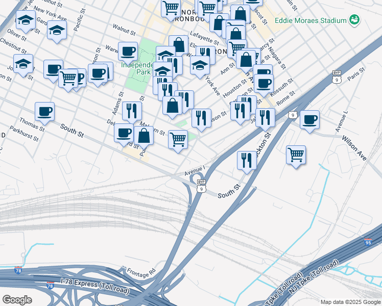 map of restaurants, bars, coffee shops, grocery stores, and more near 27-29 Wheeler Point Road in Newark