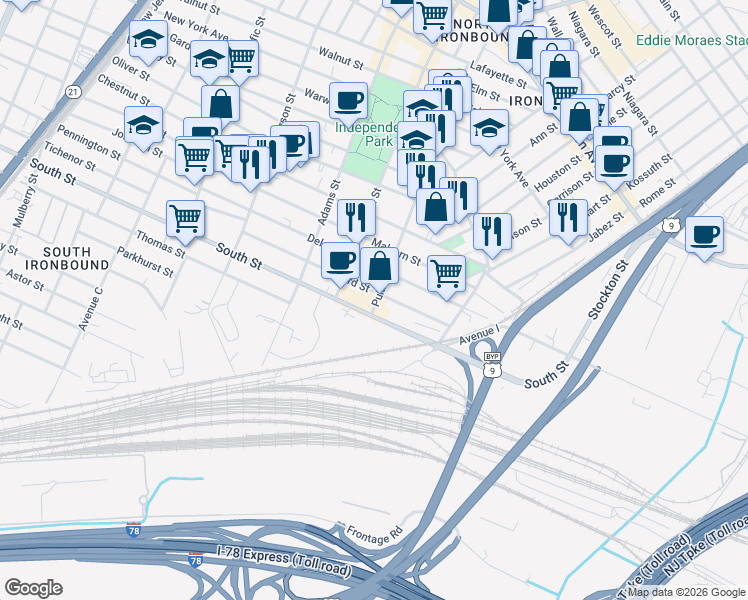 map of restaurants, bars, coffee shops, grocery stores, and more near 174-184 Clifford Street in Newark