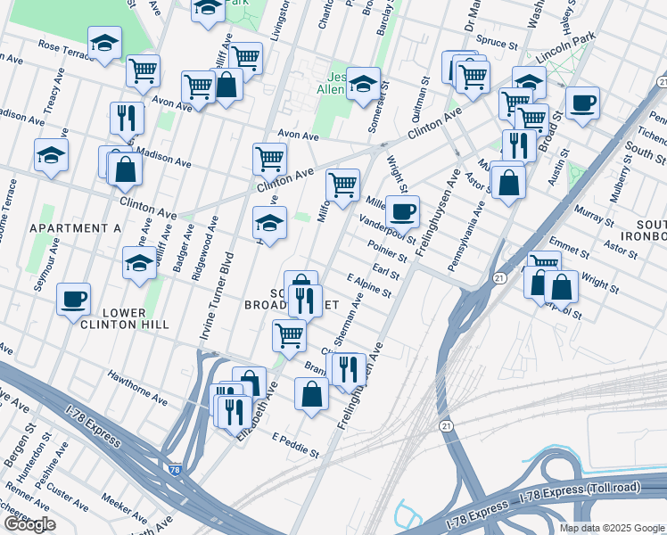 map of restaurants, bars, coffee shops, grocery stores, and more near 115 Elizabeth Avenue in Newark