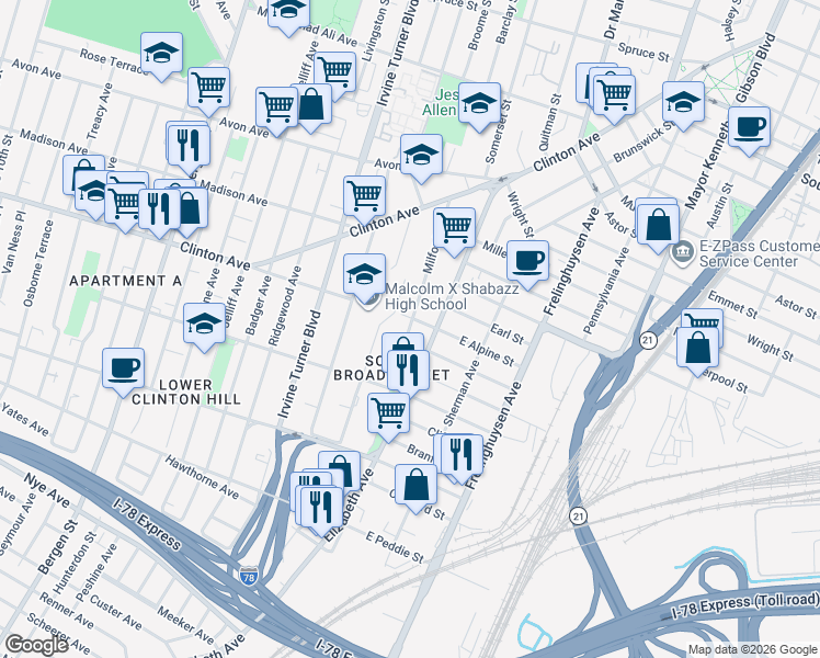 map of restaurants, bars, coffee shops, grocery stores, and more near 40-80 Johnson Avenue in Newark