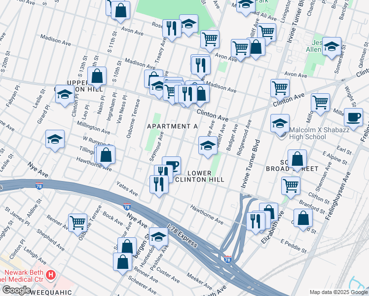 map of restaurants, bars, coffee shops, grocery stores, and more near 711 Hunterdon Street in Newark