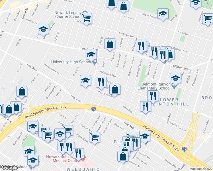 map of restaurants, bars, coffee shops, grocery stores, and more near 67 Tillinghast Street in Newark