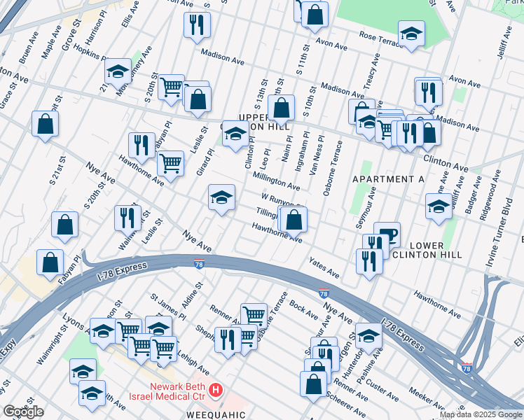 map of restaurants, bars, coffee shops, grocery stores, and more near 67 Tillinghast Street in Newark