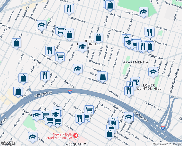 map of restaurants, bars, coffee shops, grocery stores, and more near 67 Tillinghast Street in Newark