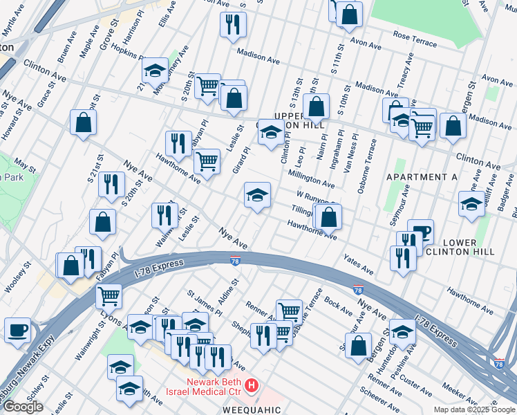 map of restaurants, bars, coffee shops, grocery stores, and more near in Newark