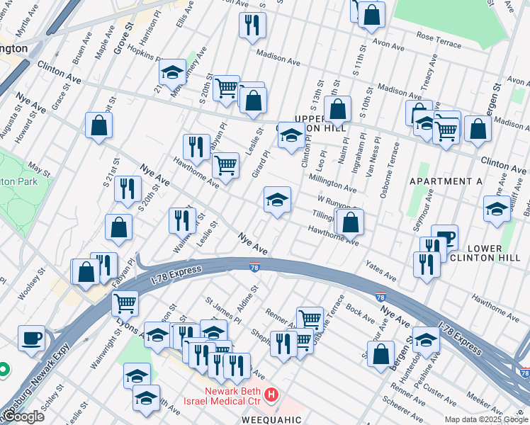 map of restaurants, bars, coffee shops, grocery stores, and more near in Newark