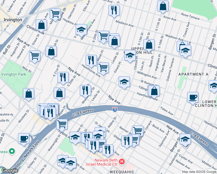 map of restaurants, bars, coffee shops, grocery stores, and more near 10 Hobson Street in Newark