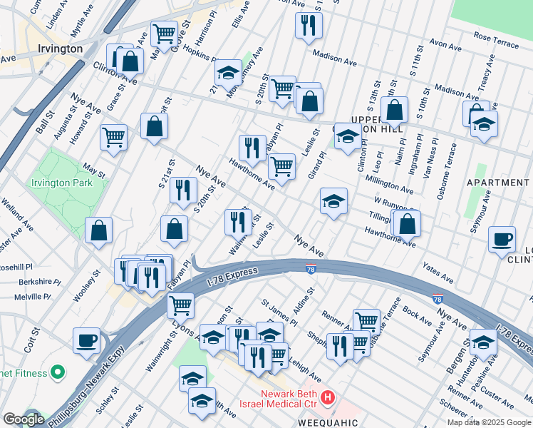 map of restaurants, bars, coffee shops, grocery stores, and more near 119 Leslie Street in Newark