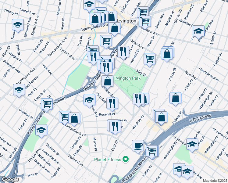 map of restaurants, bars, coffee shops, grocery stores, and more near 15 Chester Avenue in Irvington