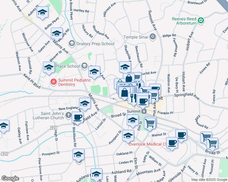 map of restaurants, bars, coffee shops, grocery stores, and more near 9 Norwood Avenue in Summit