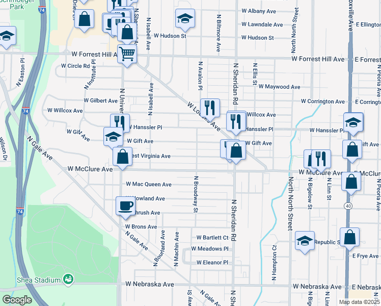 map of restaurants, bars, coffee shops, grocery stores, and more near 903 West Virginia Avenue in Peoria
