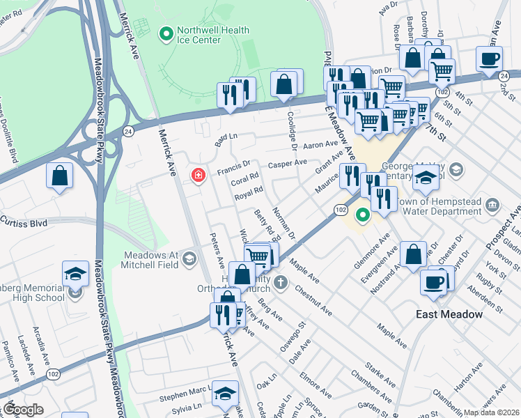 map of restaurants, bars, coffee shops, grocery stores, and more near 123 Betty Road in East Meadow