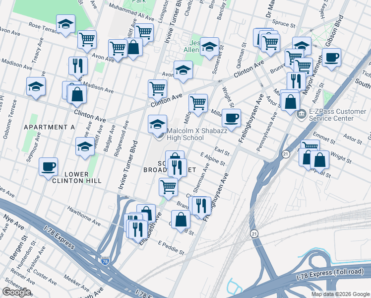 map of restaurants, bars, coffee shops, grocery stores, and more near 2 West Alpine Street in Newark