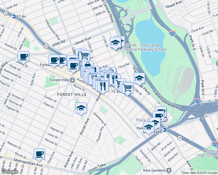map of restaurants, bars, coffee shops, grocery stores, and more near 110-7 73rd Road in Queens