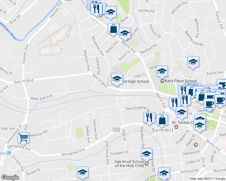 map of restaurants, bars, coffee shops, grocery stores, and more near 128 Kent Place Boulevard in Summit