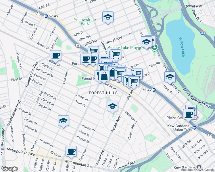 map of restaurants, bars, coffee shops, grocery stores, and more near 45 Burns Street in Queens