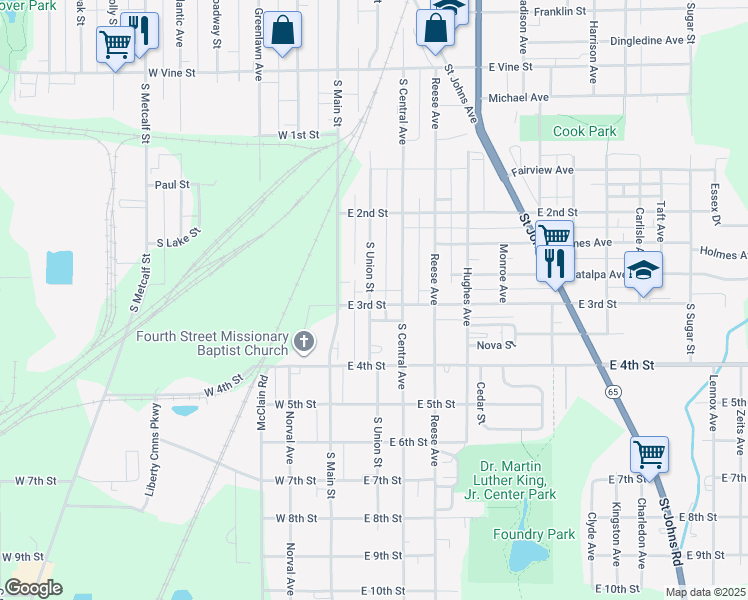 map of restaurants, bars, coffee shops, grocery stores, and more near 201 East 3rd Street in Lima