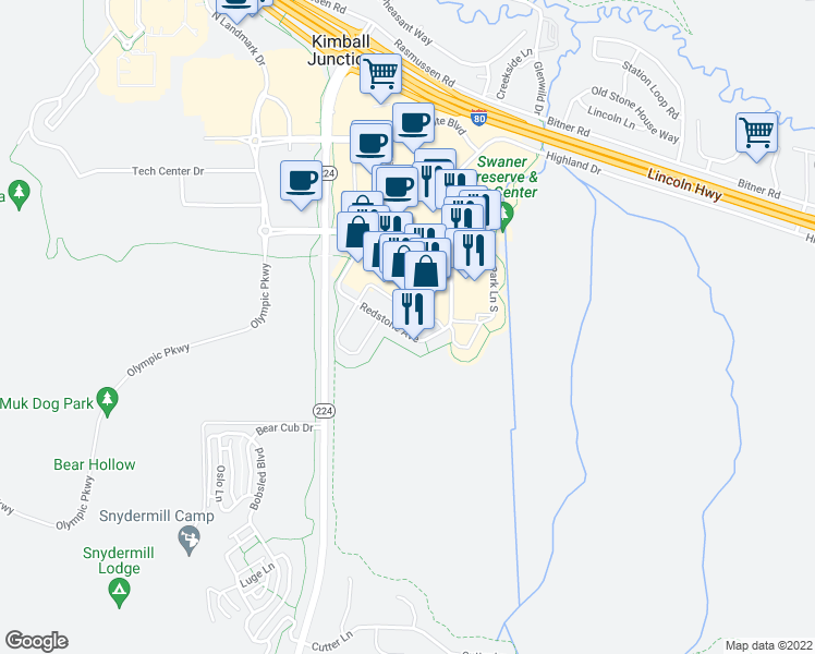 map of restaurants, bars, coffee shops, grocery stores, and more near 1590 Redstone Avenue in Park City