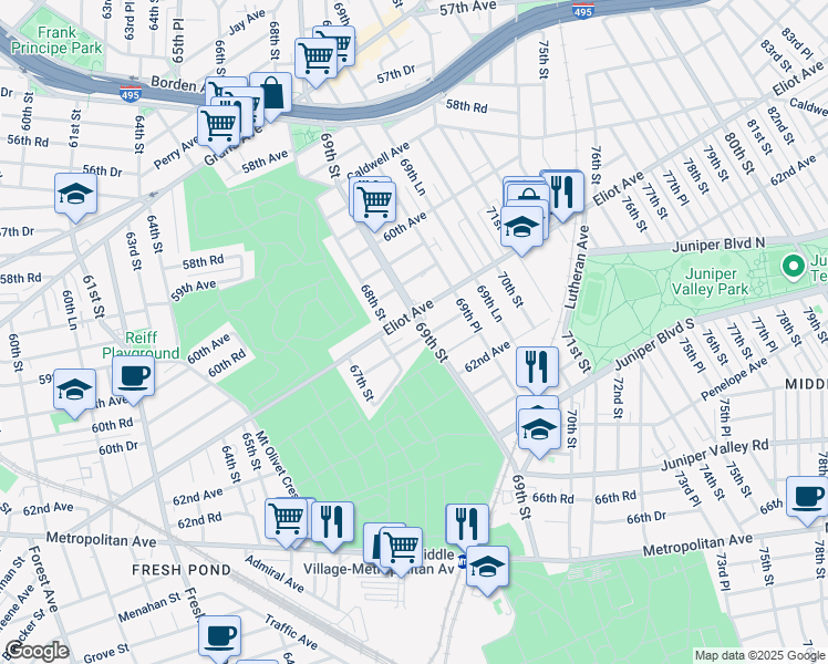 map of restaurants, bars, coffee shops, grocery stores, and more near 68-22 Eliot Avenue in Queens