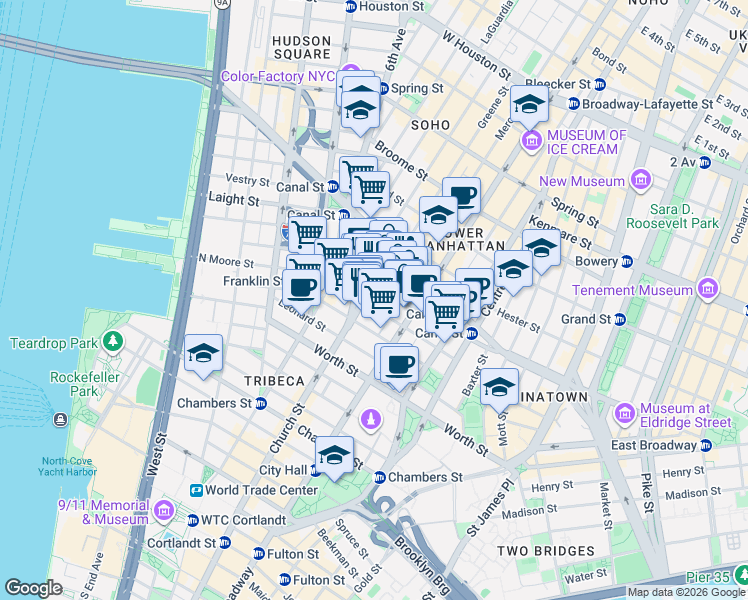 map of restaurants, bars, coffee shops, grocery stores, and more near 39 Walker Street in New York