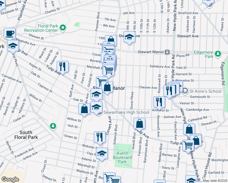 map of restaurants, bars, coffee shops, grocery stores, and more near 146 Argyle Road in Garden City