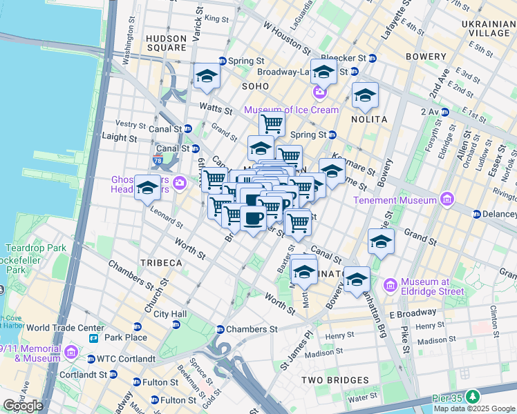 map of restaurants, bars, coffee shops, grocery stores, and more near in New York