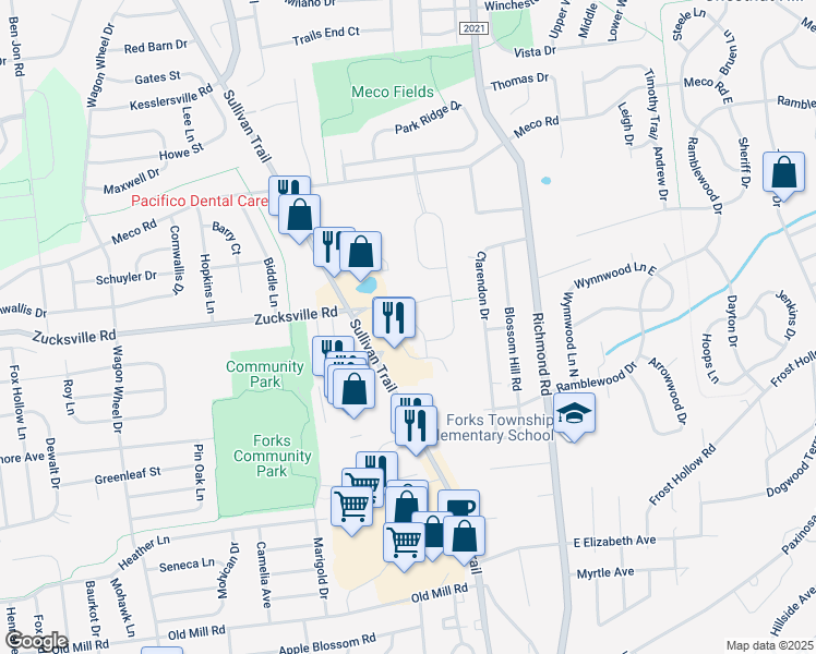 map of restaurants, bars, coffee shops, grocery stores, and more near 1998 Mercer Way in Easton