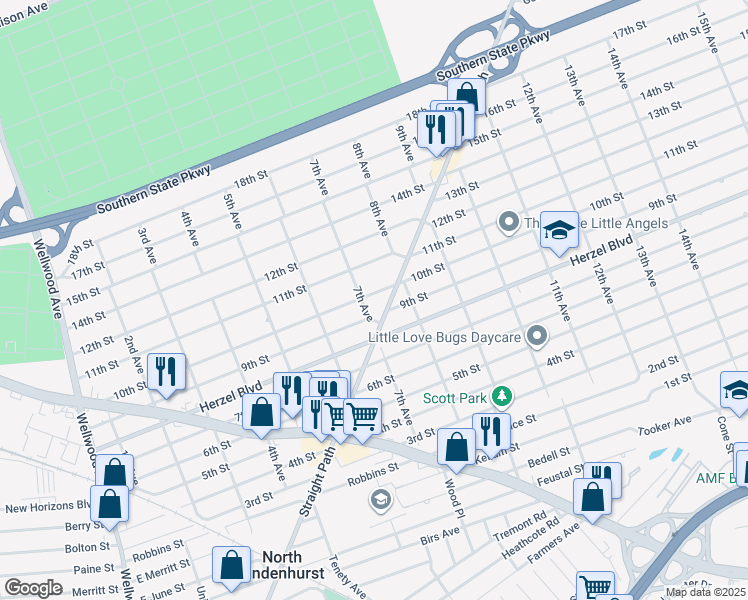 map of restaurants, bars, coffee shops, grocery stores, and more near 709 10th Street in West Babylon