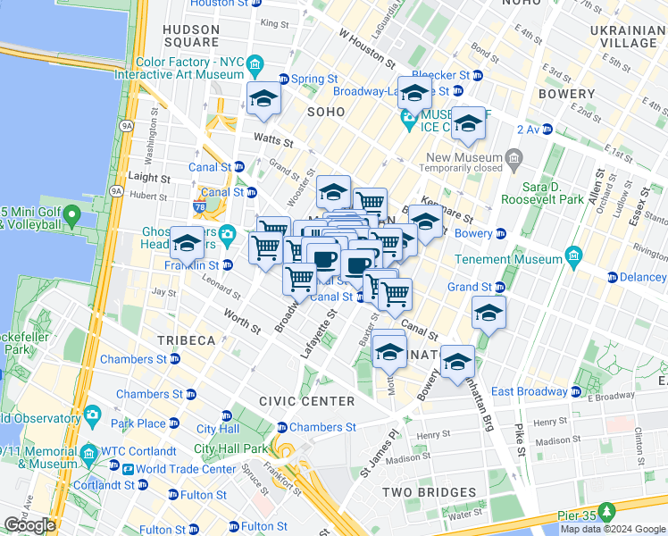 map of restaurants, bars, coffee shops, grocery stores, and more near 274 Canal Street in New York