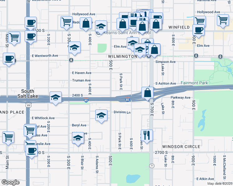 map of restaurants, bars, coffee shops, grocery stores, and more near 532 Driggs Avenue South in Salt Lake City