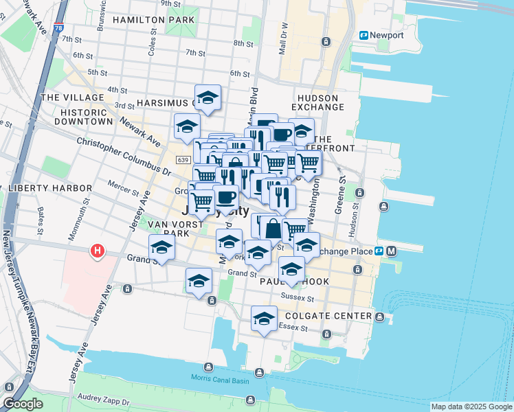 map of restaurants, bars, coffee shops, grocery stores, and more near 70 Christopher Columbus Drive in Jersey City